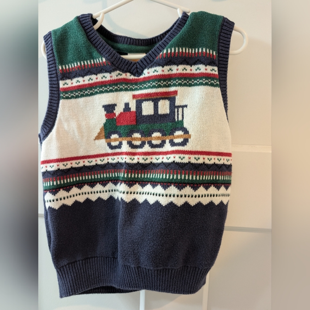 Gymboree Navy, Train Fair Isle Green & Red Knit Sweater Vest